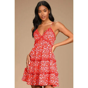 Lulus Rain of Blooms Red Floral Print Mini Dress Sleeveless Ruffled Size M